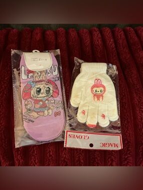 Kids Cream Cartoon Mittens and socks — Cute Labubu Design
